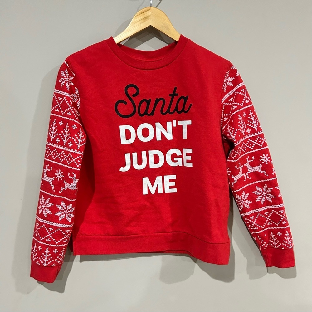 Juniors Size Medium Ugly Christmas Sweater “Santa Don’t Judge Me”